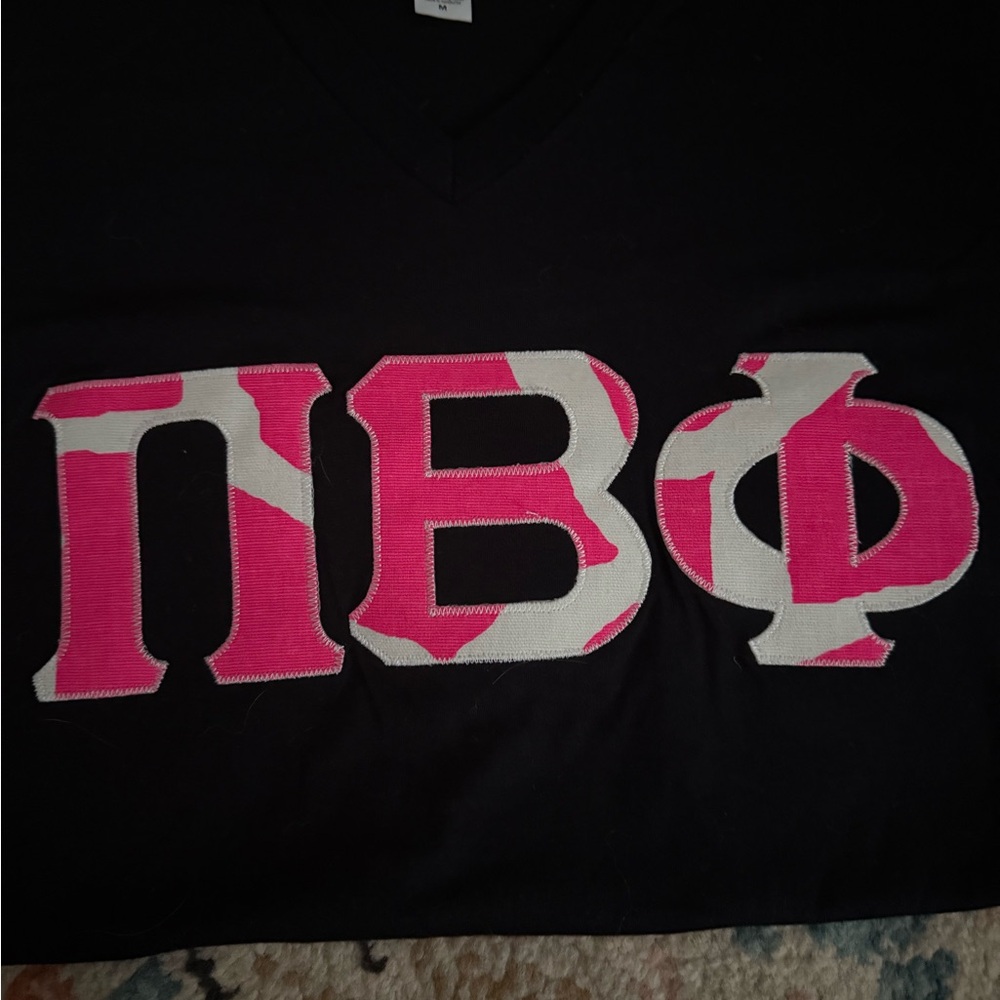 Anvil Black Tee with Pink and White Greek Letters